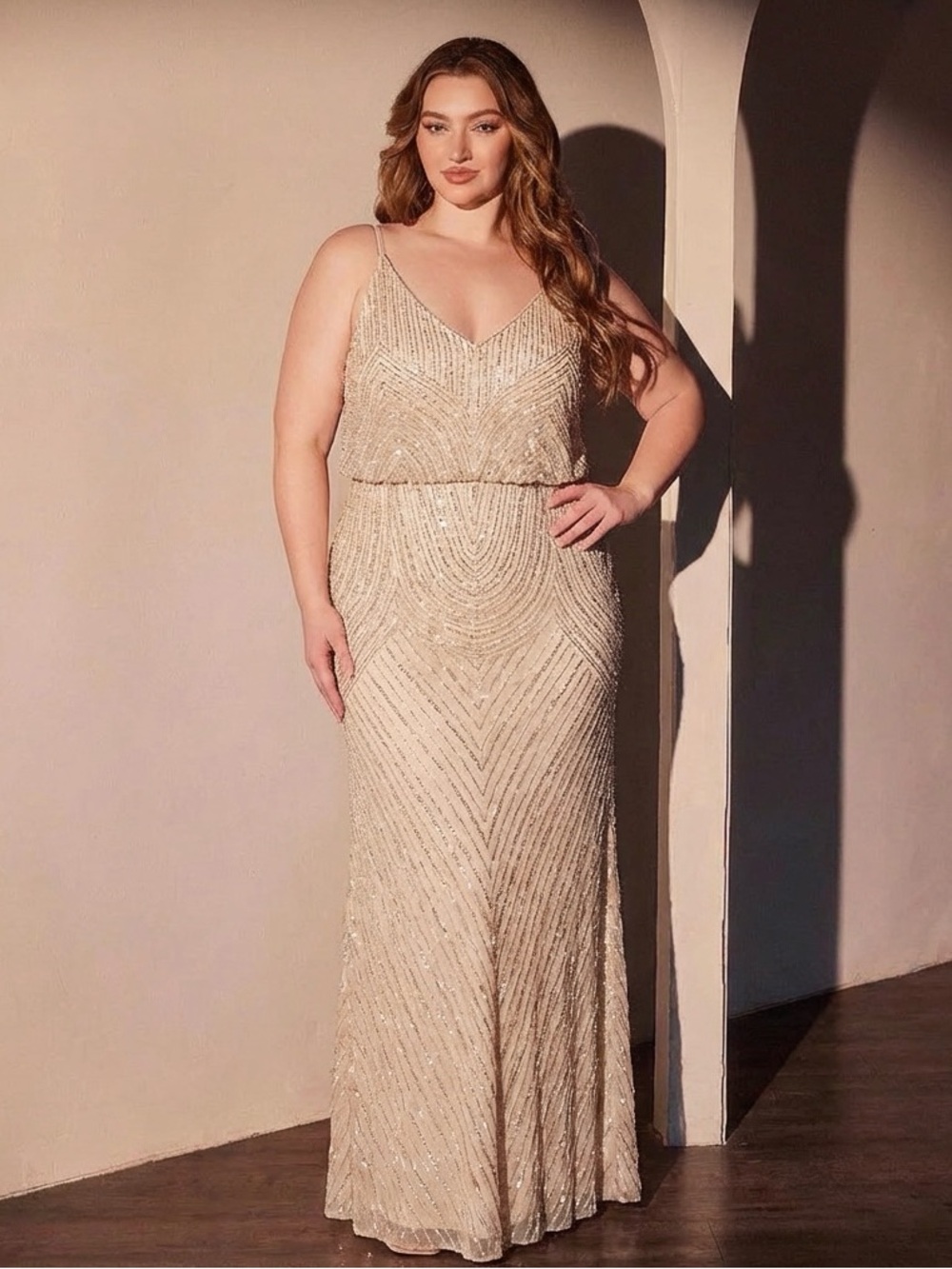BHLDN Champagne Beaded Column Gown – Floor Length Formal Dress NWT